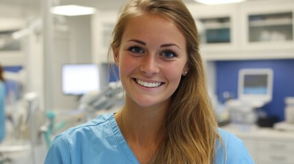 A friendly dental assistant with long hair is smiling warmly in a bright clinic setting.