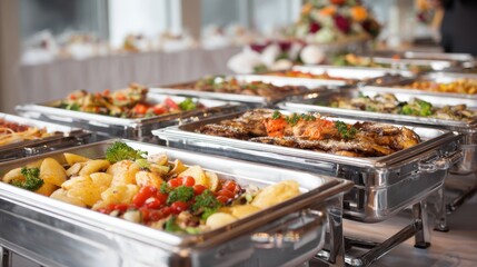 Fototapeta premium A lavish buffet displays an array of colorful dishes enticing guests to indulge in various flavors.