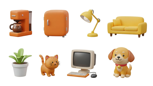 Collection of cute 3d rendered miniature household objects including furniture, appliances, pet, and plant isolated on transparent background