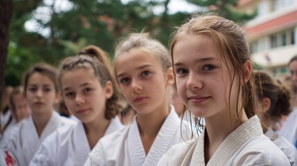 Group of dedicated girls in karate uniforms showing concentration while waiting for instructions.