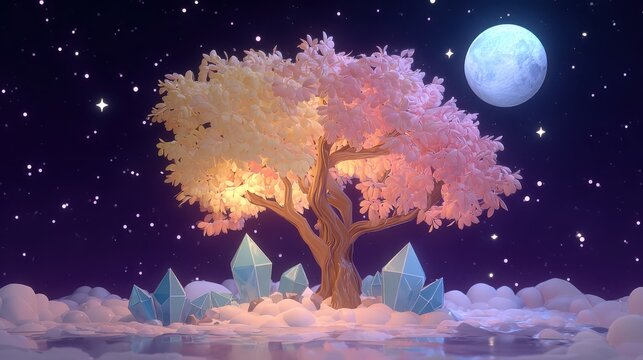 A vibrant, surreal tree with pink foliage stands among blue crystals under a starry night sky, accentuated by a glowing moon. - Powered by Adobe