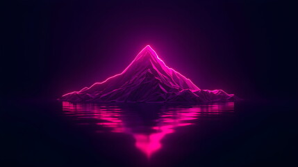Glowing pink neon mountain reflected in water against a dark background in futuristic synthwave style
