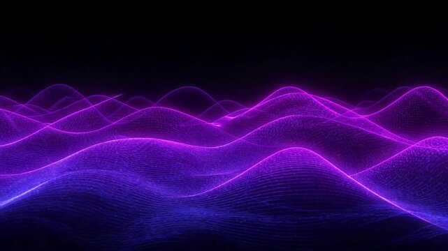 Futuristic digital landscape with glowing purple and blue wireframe waves and dark background abstract