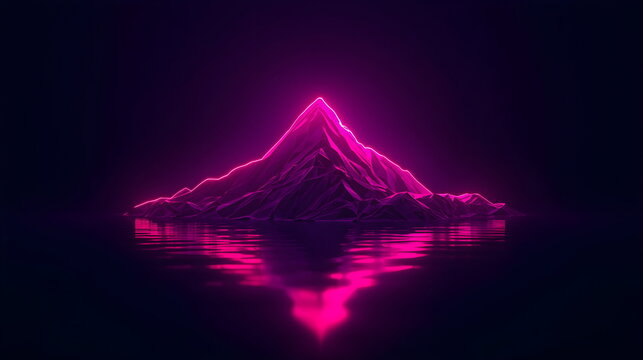 Glowing pink neon mountain reflected in water against a dark background in futuristic synthwave style
