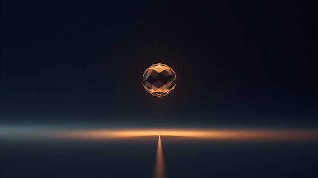 Floating geometric crystal sphere with a downward beam of gold light in a dark environment