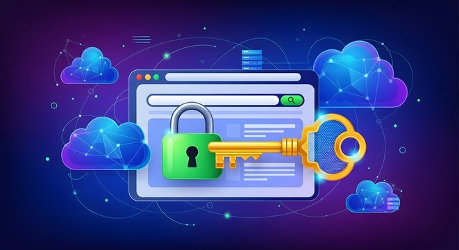 Secure cloud access with digital key and padlock - Powered by Adobe