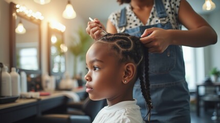 African American mixed race girl is sitting in a bright hair salon, braiding hair. She is sitting in a chair, while the hairstylist stands beside her. 
