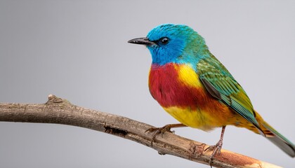 Obraz premium Colorful Songbird Perched On A Thin Branch Against A Light Background Ideal For Nature Photography And Bird Enthusiasts