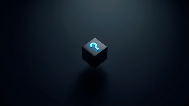 Black mystery box with a glowing blue question mark symbol floating on top