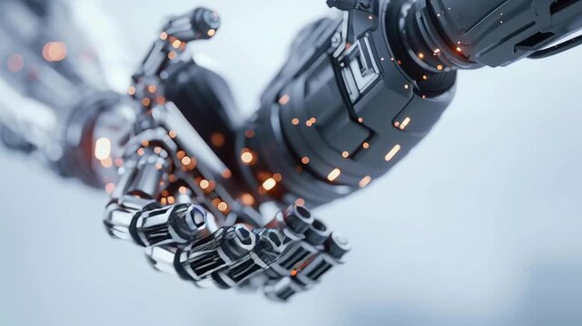 A robot hand is shaking another robot hand. The robot hands are made of metal and are very detailed. The scene is futuristic and gives off a sense of advanced technology