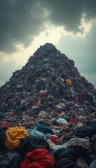 A massive pile of discarded clothes creates a mountain of textile waste. This overwhelming heap highlights the severe problem of fast fashion pollution and its environmental impact.