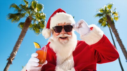 Santa Claus in a tropical setting with sunglasses, holding a cocktail under palm trees, holiday in paradise, summer Christmas fun, festive vacation, cheerful celebration, sunny festive season
