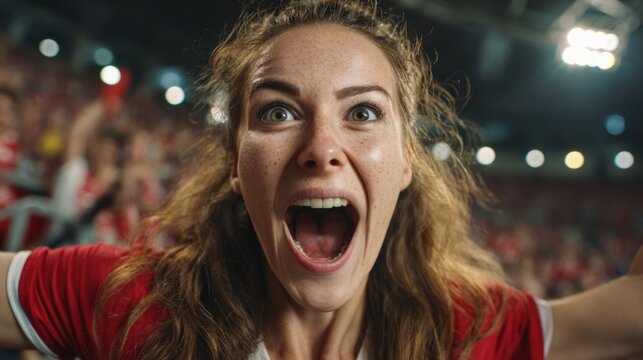 Crowd erupts with excitement as a passionate fan celebrates a goal in a thrilling soccer game.