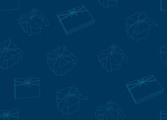 Seamless pattern with linear 3d gift boxes illustrations, blue backdrop with light thin line, festive wrapping. square, heart, flat boxes shape