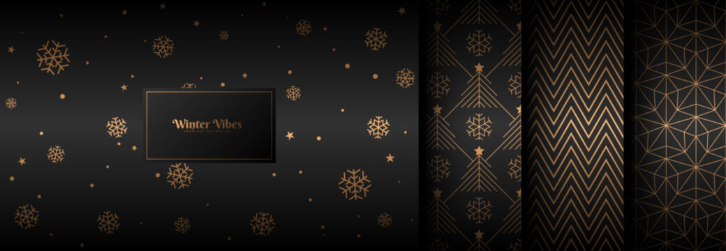 Seamless black vector Christmas winter gold pattern set. Luxury snowfall, linear Christmas tree, zig zag, linear star wrapping paper, endless web page fill collection. Falling snow New Year texture