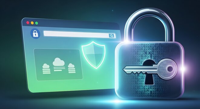 Digital security and online protection with a padlock and browser window - Powered by Adobe