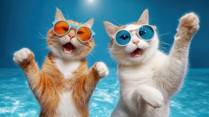 Two cheerful cats wearing colorful sunglasses dance by a sparkling pool under a bright sky.