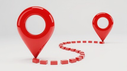 A 3D render of two red location markers connected by a dotted line, signifying a journey or destination