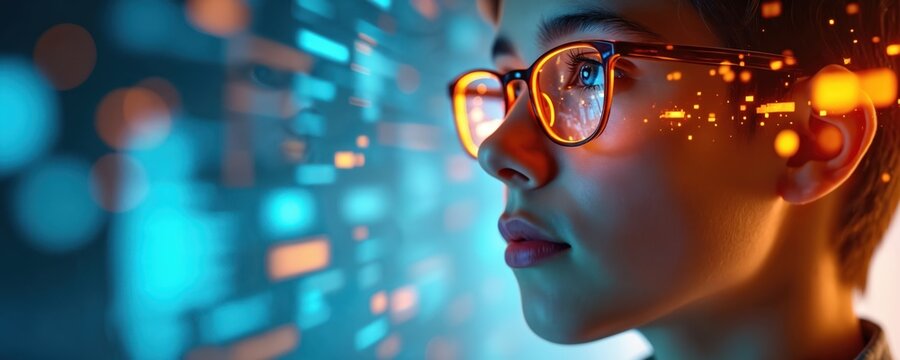 Person wears glasses, looks at glowing digital data streams. Futuristic cyberspace visualization conveys big data analysis, AI development, and science research.
