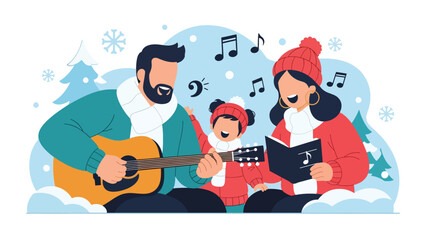 Family singing Christmas carols together during holiday celebrations. Perfect for joyful winter traditions, festive music, and family community spirit