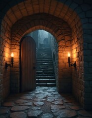 Fototapeta premium Archway leads into stone tunnel with stairs. Medieval stone walls, floor, candlelight. Dungeon interior illustration. Fantasy background. Ancient door opens into underground passage, dark, mysterious.