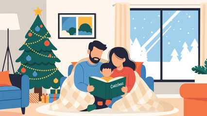 Family reading a Christmas storybook together near the tree. Ideal for warm winter evenings, childhood memories, and festive storytelling moments