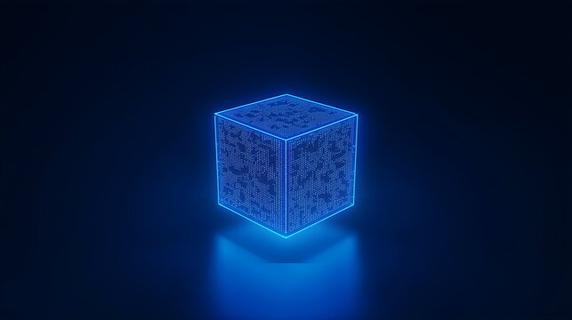 Futuristic Glowing Blue Cube with Digital Circuit Patterns and Data Concept