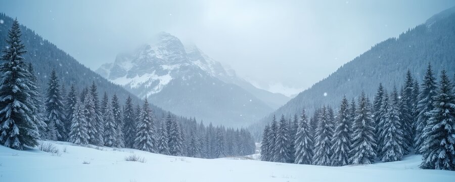Snowy mountain valley with pine trees. Gentle snowfall blankets the pristine winter wilderness. Tall peaks loom in soft mist. A serene, cold, quiet, natural scene.