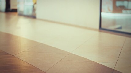 People stroll through a shopping center, their footsteps echoing on the shiny tiles. The lively atmosphere creates a sense of excitement and activity