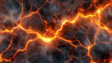 Intense abstract background with vibrant, glowing cracks resembling molten lava or powerful electrical energy on a dark, smoky texture - Powered by Adobe