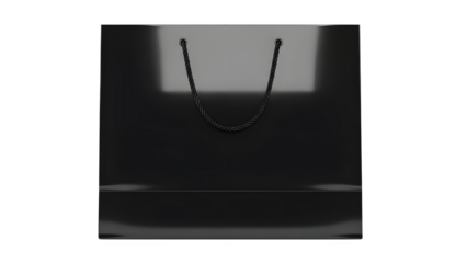 Black glossy paper shopping bag with rope handles, isolated on transparent background