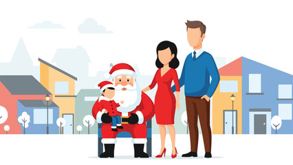 Family visiting Santa Claus and celebrating the holiday spirit. Ideal for festive excitement, Christmas traditions, and joyful winter childhood moments