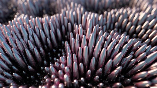 Futuristic abstract background featuring a dense field of metallic purple spikes and nano structures