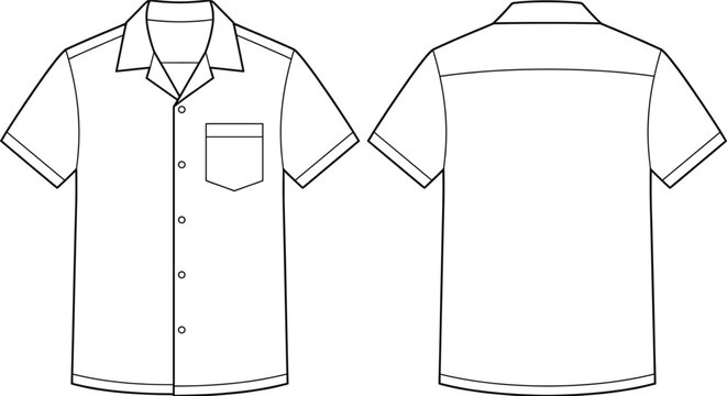 Short-sleeve button-up shirt vector template with collar, chest pocket, clean back yoke, and detailed front and back technical fashion illustration