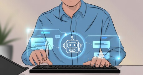 AI Assistance: A person interacts with an artificial intelligence interface, represented by a glowing chatbot icon, suggesting a focus on technological innovation and ease of use.