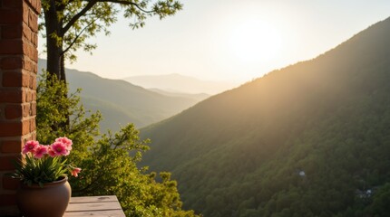 Obraz premium Stunning Landscape View from Balcony with Flower Pot and Sunlight 