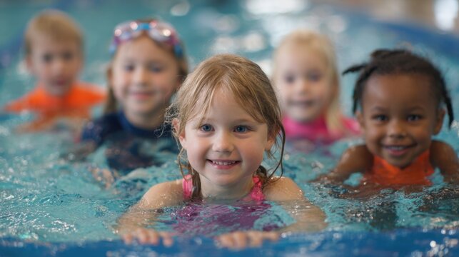 Young kids swim happily together learning new skills and laughing in a colorful pool.