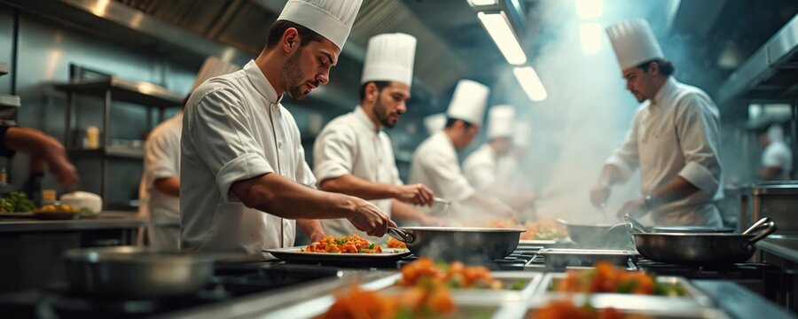 Many chefs cooking in restaurant kitchen. Cooks prepare food in pans. Culinary team works. Food industry staff busy cooking meal orders. Restaurant business is booming with many clients.
