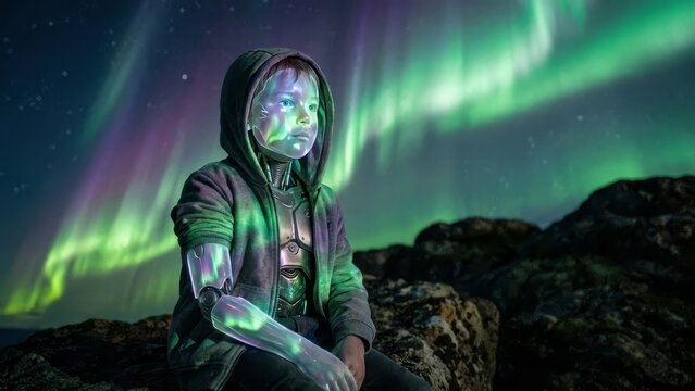 Young cyborg child with transparent head and bionic arm sitting on rocks, gazing at the vibrant green and purple aurora borealis under a starry night sky, blending technology with natural wonder