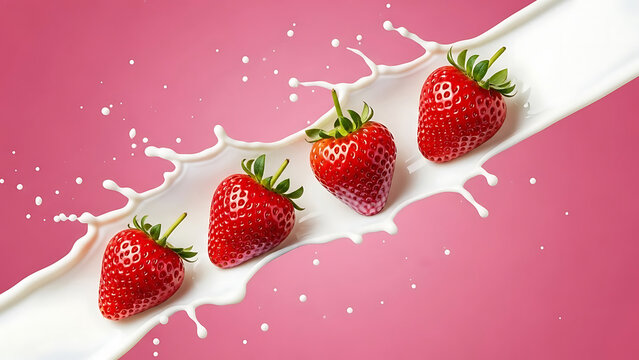 Four red strawberries splashing into white milk on pink background strawberry fruit