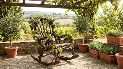 Naklejka premium Woven rocking chair on a stone patio with grapes and a wine glass, blanket draped over arm, overlooking a sunlit tuscan vineyard and farmhouse at golden hour