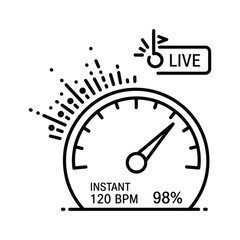 Line icon of a speedometer measuring instant 120 bpm and 98 percent live