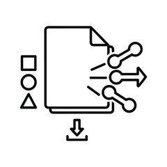 Black and white line icon illustrating data processing, file transformation, and output flow
