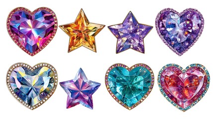 Sparkling gemstone hearts and stars in vibrant rainbow hues on a white background