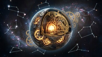Earth cutaway view revealing intricate brass clockwork mechanisms and gears glowing inside, floating in deep space against a backdrop of distant stars and glowing constellations