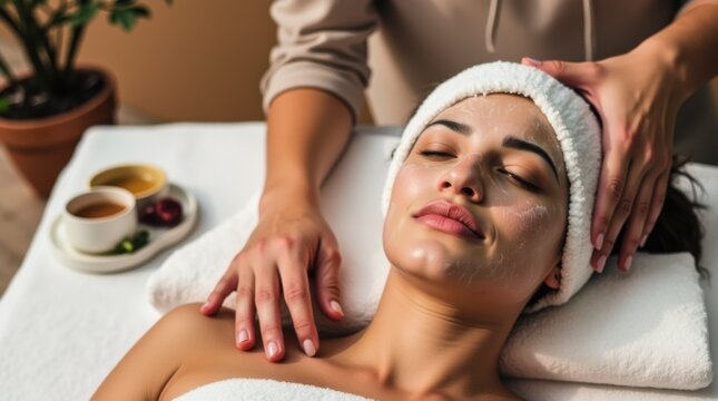 Woman enjoying a day of care at a spa getting a massage and facial cleansing, summer concept vacation concept holidays 
