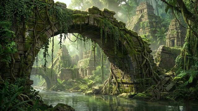 Ancient mayan temples and a stone bridge crumble under vibrant moss and dense jungle, reflected in a flowing river amid untouched rainforest—mysterious, overgrown ruins