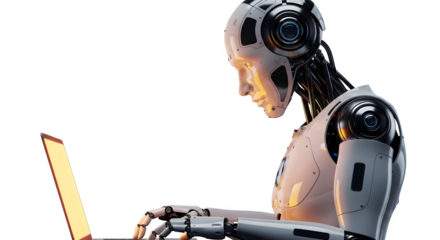 Advanced Robot Working on a Laptop, symbolizing Future Technology and Automation