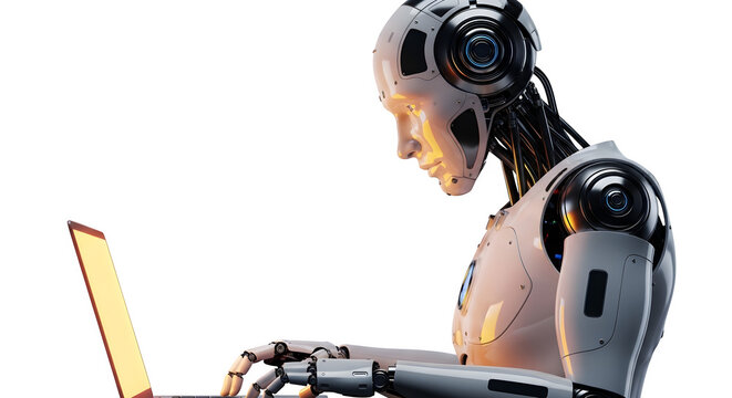 Advanced Robot Working on a Laptop, symbolizing Future Technology and Automation