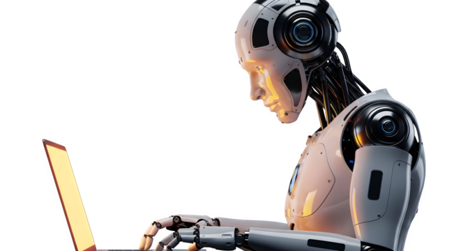 Advanced Robot Working on a Laptop, symbolizing Future Technology and Automation